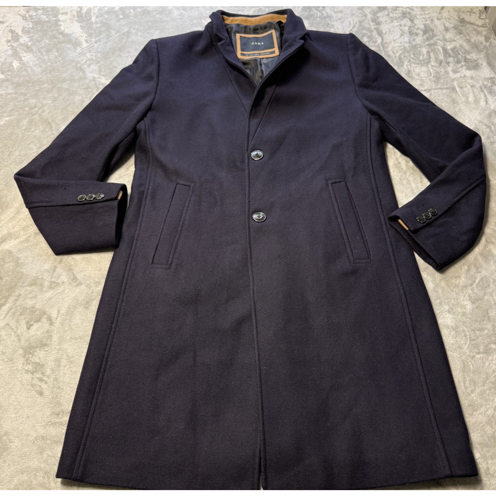 ZARA Mens Navy Blue Wool Blend Overcoat Jacket Peacoat 2 front Button Sz Large - Picture 4 of 13